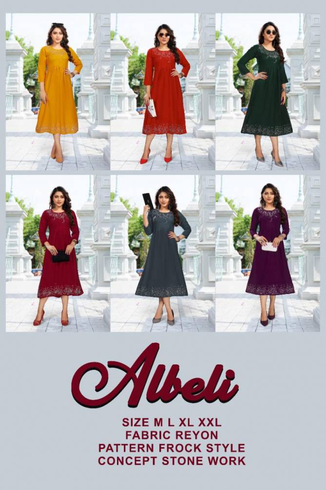 New Albeli 8142 Fancy Designer Rayon Ethnic Wear Kurti Collection